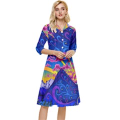 Psychedelic Colorful Lines Nature Mountain Trees Snowy Peak Moon Sun Rays Hill Road Artwork Stars Sk Classy Knee Length Dress