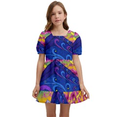 Psychedelic Colorful Lines Nature Mountain Trees Snowy Peak Moon Sun Rays Hill Road Artwork Stars Sk Kids  Short Sleeve Dolly Dress by Jancukart