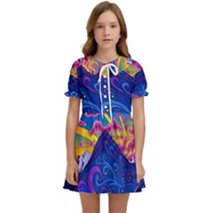 Psychedelic Colorful Lines Nature Mountain Trees Snowy Peak Moon Sun Rays Hill Road Artwork Stars Sk Kids  Sweet Collar Dress by Jancukart