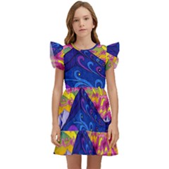 Psychedelic Colorful Lines Nature Mountain Trees Snowy Peak Moon Sun Rays Hill Road Artwork Stars Sk Kids  Winged Sleeve Dress by Jancukart