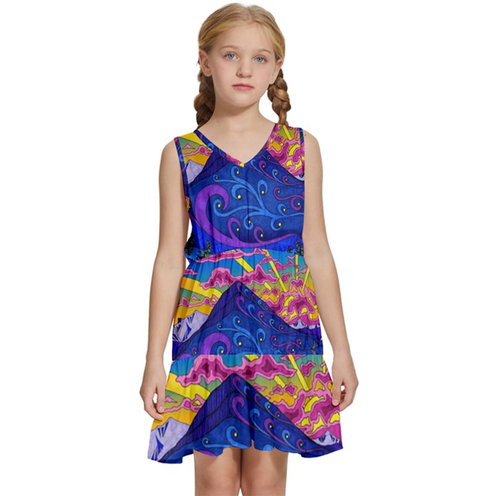 Psychedelic Colorful Lines Nature Mountain Trees Snowy Peak Moon Sun Rays Hill Road Artwork Stars Sk Kids  Sleeveless Tiered Mini Dress