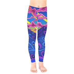 Psychedelic Colorful Lines Nature Mountain Trees Snowy Peak Moon Sun Rays Hill Road Artwork Stars Sk Kids  Classic Winter Leggings