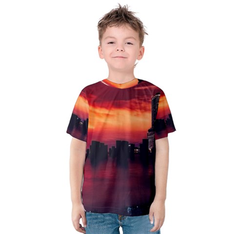 New York City Urban Skyline Harbor Bay Reflections Kids  Cotton Tee by Jancukart