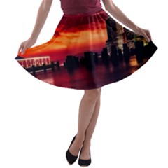 New York City Urban Skyline Harbor Bay Reflections A-line Skater Skirt by Jancukart