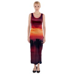 New York City Urban Skyline Harbor Bay Reflections Fitted Maxi Dress