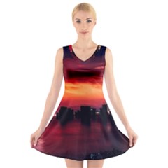 New York City Urban Skyline Harbor Bay Reflections V-neck Sleeveless Dress by Jancukart