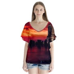 New York City Urban Skyline Harbor Bay Reflections V-neck Flutter Sleeve Top