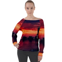 New York City Urban Skyline Harbor Bay Reflections Off Shoulder Long Sleeve Velour Top