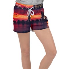 New York City Urban Skyline Harbor Bay Reflections Velour Lounge Shorts