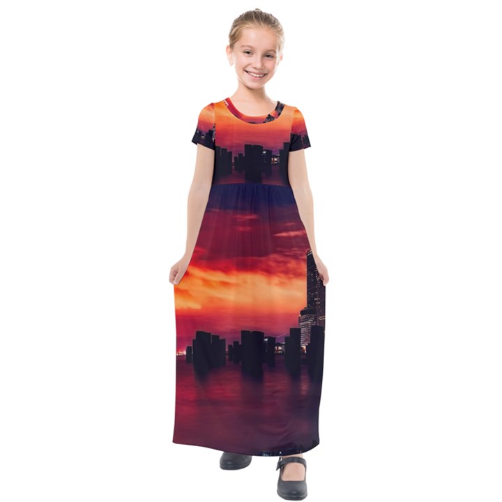 New York City Urban Skyline Harbor Bay Reflections Kids  Short Sleeve Maxi Dress