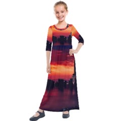 New York City Urban Skyline Harbor Bay Reflections Kids  Quarter Sleeve Maxi Dress