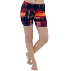 New York City Urban Skyline Harbor Bay Reflections Lightweight Velour Yoga Shorts