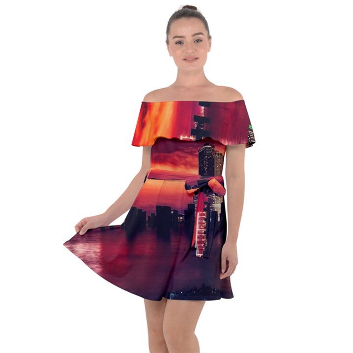 New York City Urban Skyline Harbor Bay Reflections Off Shoulder Velour Dress