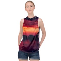 New York City Urban Skyline Harbor Bay Reflections High Neck Satin Top