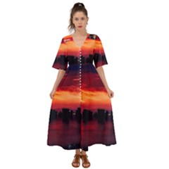 New York City Urban Skyline Harbor Bay Reflections Kimono Sleeve Boho Dress