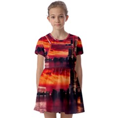 New York City Urban Skyline Harbor Bay Reflections Kids  Short Sleeve Pinafore Style Dress