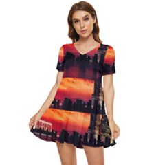 New York City Urban Skyline Harbor Bay Reflections Tiered Short Sleeve Babydoll Dress by Jancukart