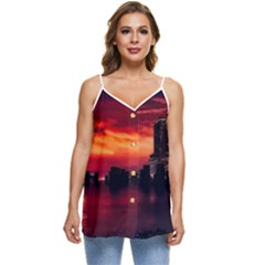 New York City Urban Skyline Harbor Bay Reflections Casual Spaghetti Strap Chiffon Top