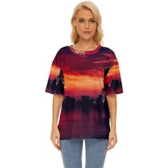 New York City Urban Skyline Harbor Bay Reflections Oversized Basic Tee by Jancukart