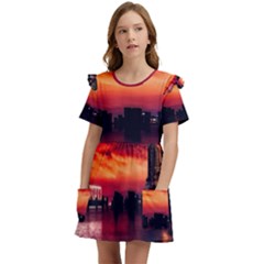 New York City Urban Skyline Harbor Bay Reflections Kids  Frilly Sleeves Pocket Dress