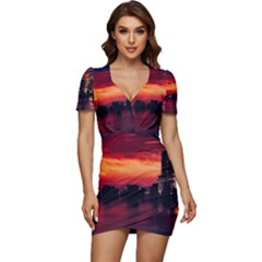 New York City Urban Skyline Harbor Bay Reflections Low Cut Cap Sleeve Mini Dress by Jancukart