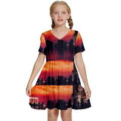 New York City Urban Skyline Harbor Bay Reflections Kids  Short Sleeve Tiered Mini Dress by Jancukart