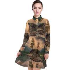 Nature Waters Lake Island Landscape Thunderstorm Long Sleeve Chiffon Shirt Dress by Jancukart