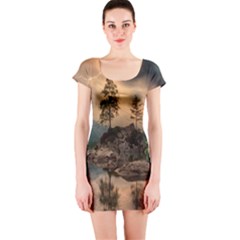 Nature Waters Lake Island Landscape Thunderstorm Short Sleeve Bodycon Dress by Jancukart