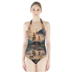 Nature Waters Lake Island Landscape Thunderstorm Halter Swimsuit