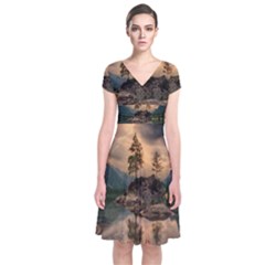 Nature Waters Lake Island Landscape Thunderstorm Short Sleeve Front Wrap Dress