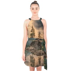 Nature Waters Lake Island Landscape Thunderstorm Halter Collar Waist Tie Chiffon Dress