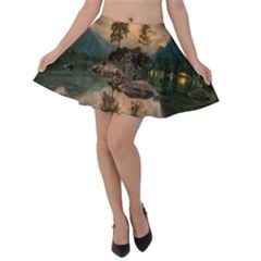 Nature Waters Lake Island Landscape Thunderstorm Velvet Skater Skirt