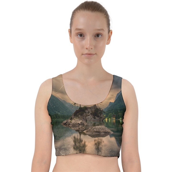 Nature Waters Lake Island Landscape Thunderstorm Velvet Racer Back Crop Top