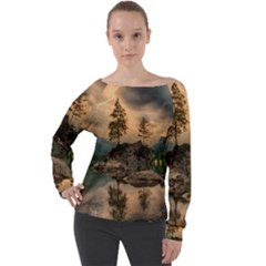 Nature Waters Lake Island Landscape Thunderstorm Off Shoulder Long Sleeve Velour Top by Jancukart