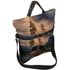 Nature Waters Lake Island Landscape Thunderstorm Fold Over Handle Tote Bag by Jancukart