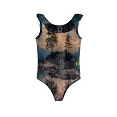 Nature Waters Lake Island Landscape Thunderstorm Kids  Frill Swimsuit