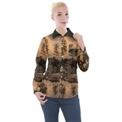 Nature Waters Lake Island Landscape Thunderstorm Women s Long Sleeve Pocket Shirt