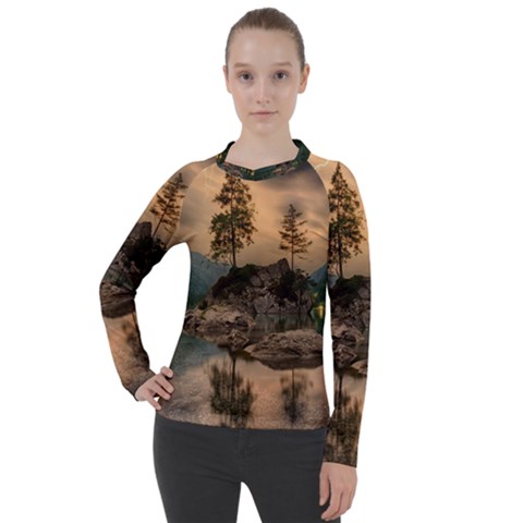 Nature Waters Lake Island Landscape Thunderstorm Women s Pique Long Sleeve Tee by Jancukart