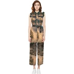 Nature Waters Lake Island Landscape Thunderstorm Women s Frill Top Chiffon Jumpsuit