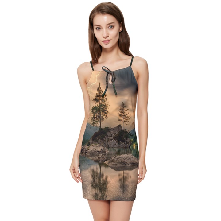 Nature Waters Lake Island Landscape Thunderstorm Summer Tie Front Dress