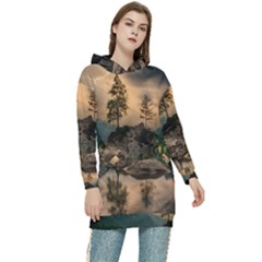 Nature Waters Lake Island Landscape Thunderstorm Women s Long Oversized Pullover Hoodie