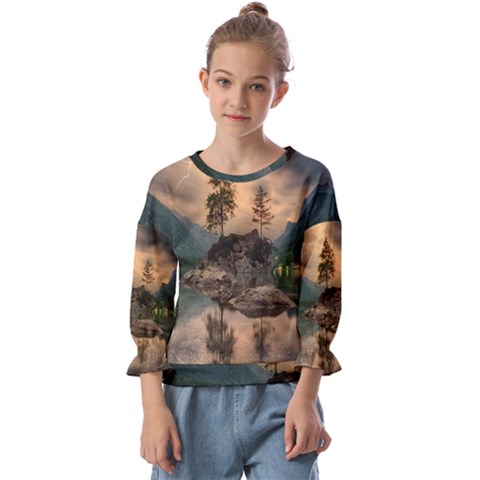 Nature Waters Lake Island Landscape Thunderstorm Kids  Cuff Sleeve Top by Jancukart