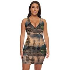 Nature Waters Lake Island Landscape Thunderstorm Draped Bodycon Dress by Jancukart