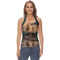 Nature Waters Lake Island Landscape Thunderstorm Basic Halter Top by Jancukart