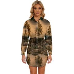 Nature Waters Lake Island Landscape Thunderstorm Womens Long Sleeve Shirt Dress