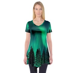 Aurora Northern Lights Phenomenon Atmosphere Sky Short Sleeve Tunic  by Jancukart