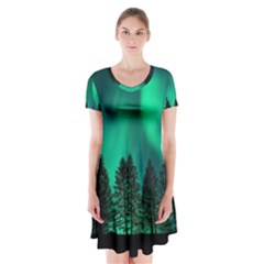 Aurora Northern Lights Phenomenon Atmosphere Sky Short Sleeve V-neck Flare Dress