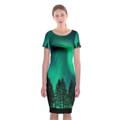 Aurora Northern Lights Phenomenon Atmosphere Sky Classic Short Sleeve Midi Dress