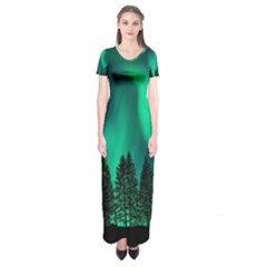 Aurora Northern Lights Phenomenon Atmosphere Sky Short Sleeve Maxi Dress