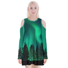 Aurora Northern Lights Phenomenon Atmosphere Sky Velvet Long Sleeve Shoulder Cutout Dress